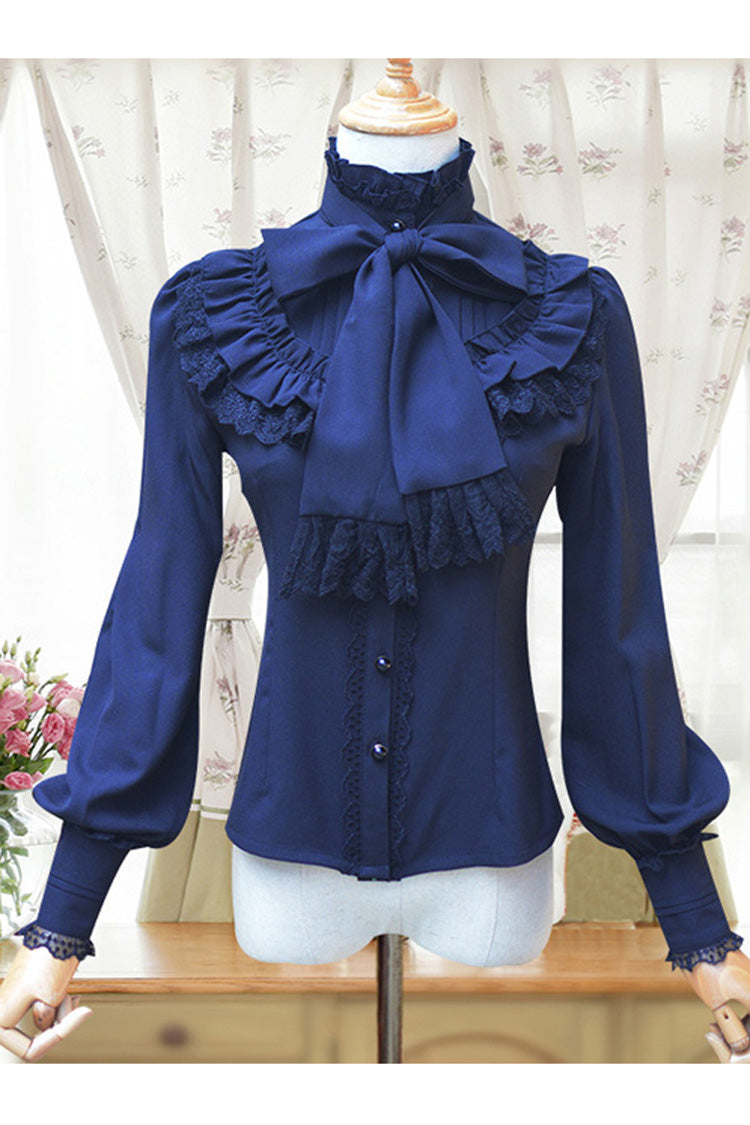 Lantern Sleeve Stand Collar Bow Tie Classic Lolita Blouse, Four Shades