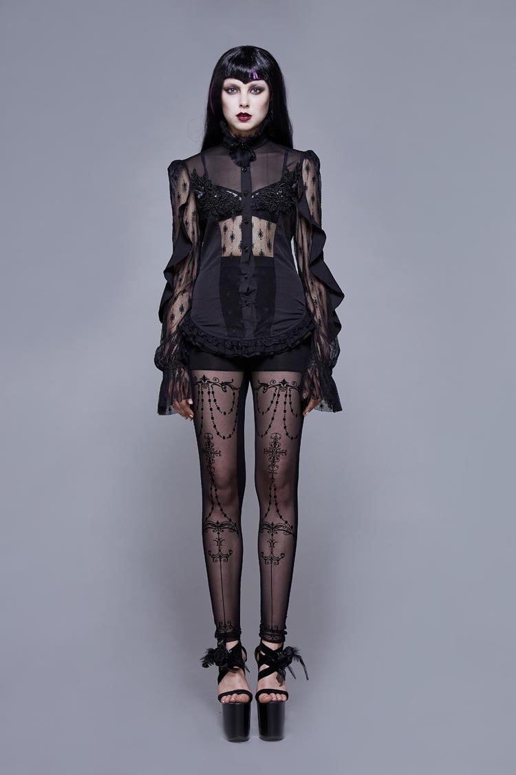 Gothic Blouse with High Collar Beaded Flowers Lace Cuffs Back Lace-Up