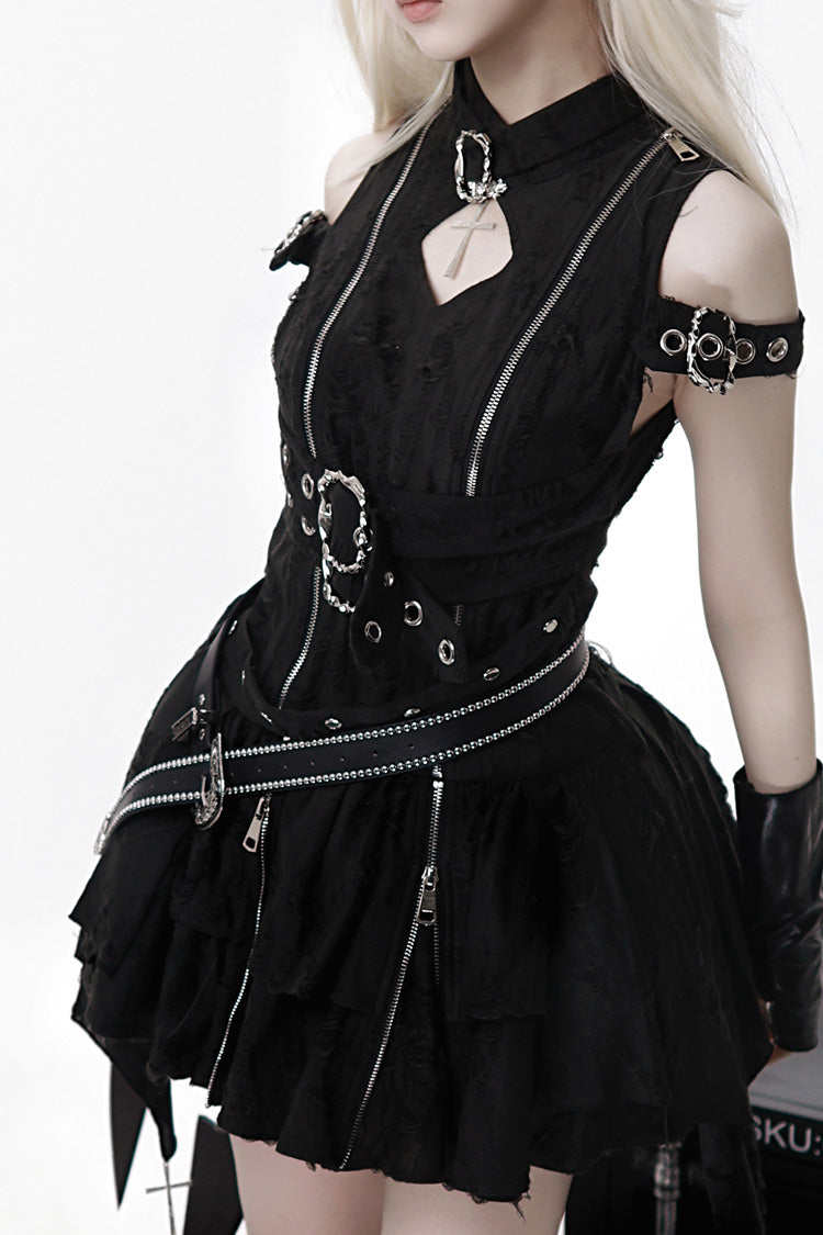 Stand Collar Off Shoulder Ruffle Embroidery Zip Gothic Lolita Dress - Black