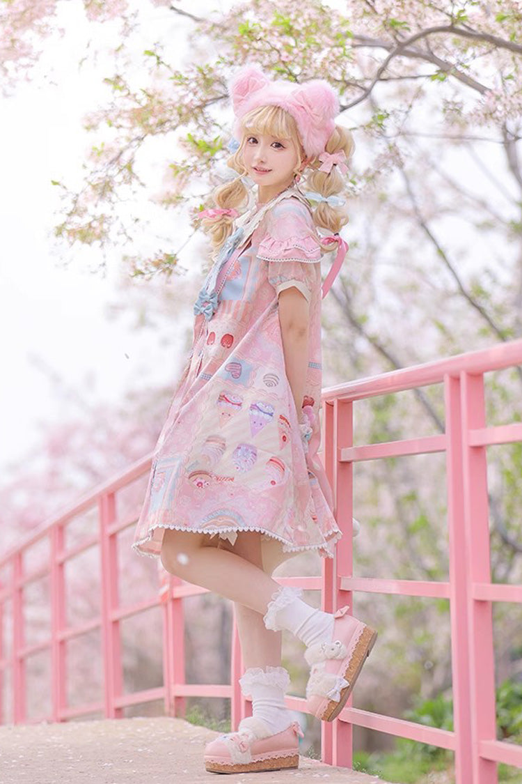 Chocolate Dessert Cake Printed Short Sleeved Ruffled Bow Lolita Dress