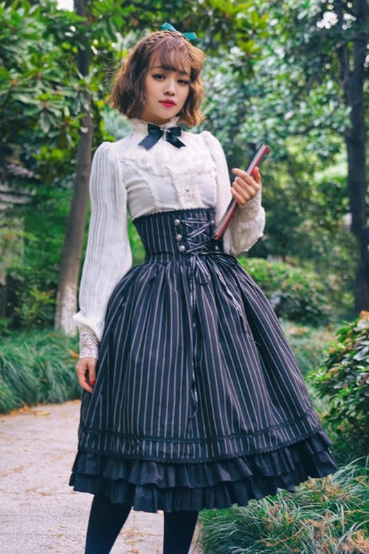 College Style Elegant Lolita Skirt with Ruffled Stripes, Black
