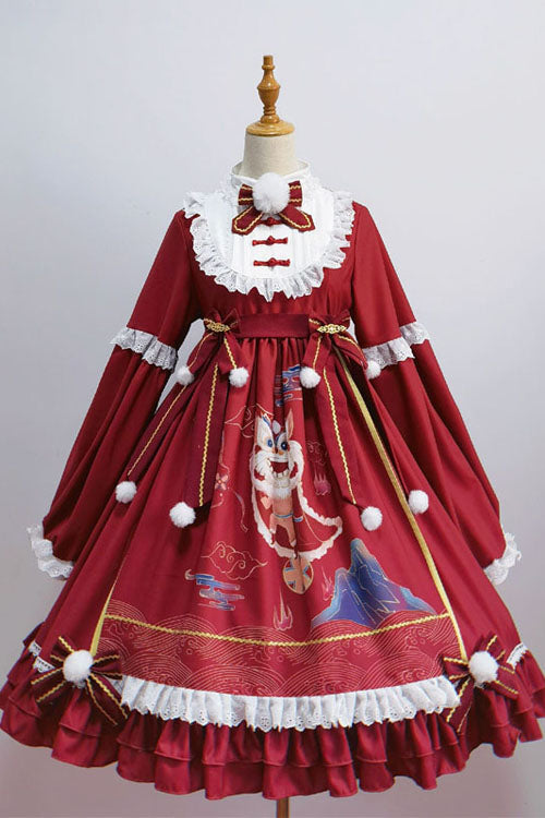 Scarlet Lion Hydrangea Print Bow Multi-Layer Ruffled Lolita OP