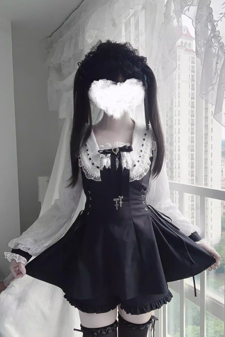 Gothic Square-Collar Print Bow Lace Pearl Jirai Kei Dress with Shorts