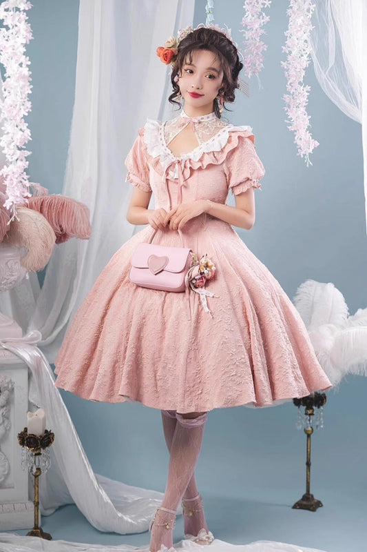 Pink Short Sleeve Ruffle Bowknot Sweet Princess Dress