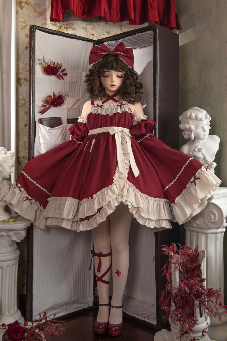 Sleeveless High Waist Ruffle Bow Asymmetric Gothic Lolita Jumper Dress - Red