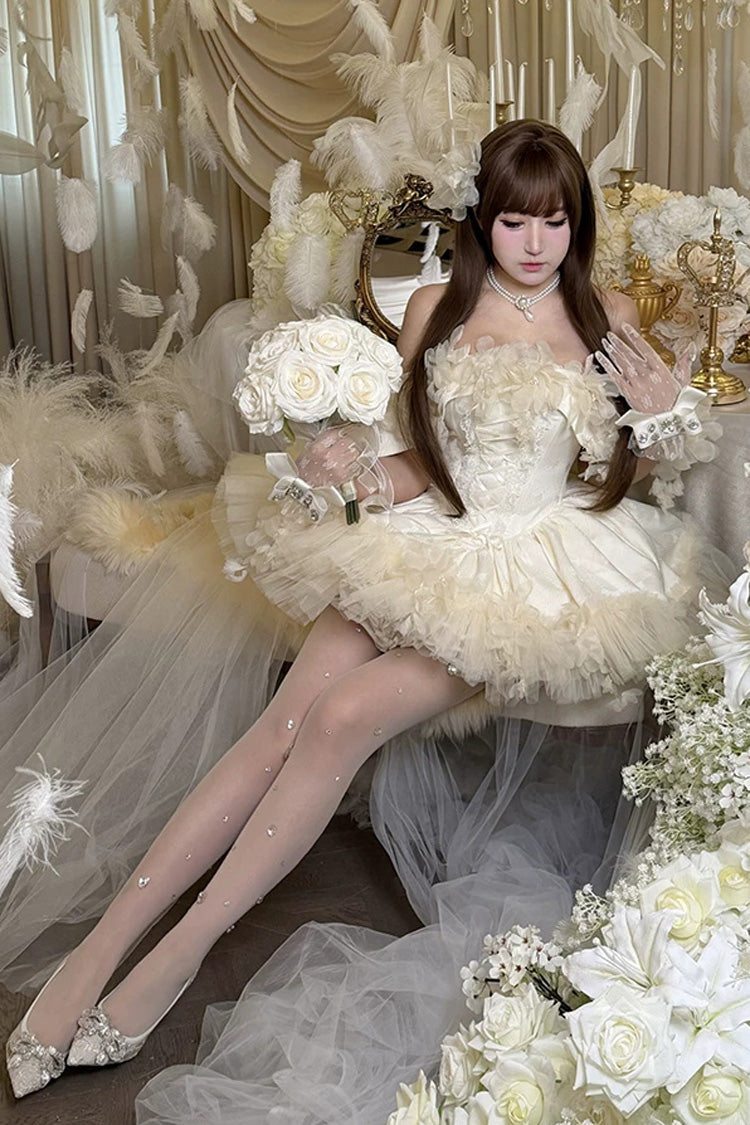 Apricot Sweet Lolita JSK Short Dress with Multi-Layer Ruffled Hanayome Bow Lace-Up and Sleeveless Design
