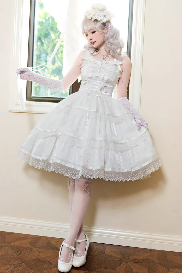 Ivory Sleeveless Multi-Layer Ruffle Bow Sweet Lolita JSK