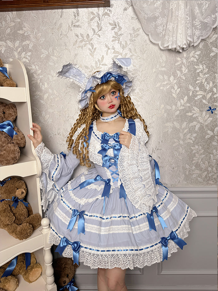 Blue/White Rabbit Sleeping Doll Long Trumpet Sleeves Ruffle Ribbon Lace Girly Lolita Dress
