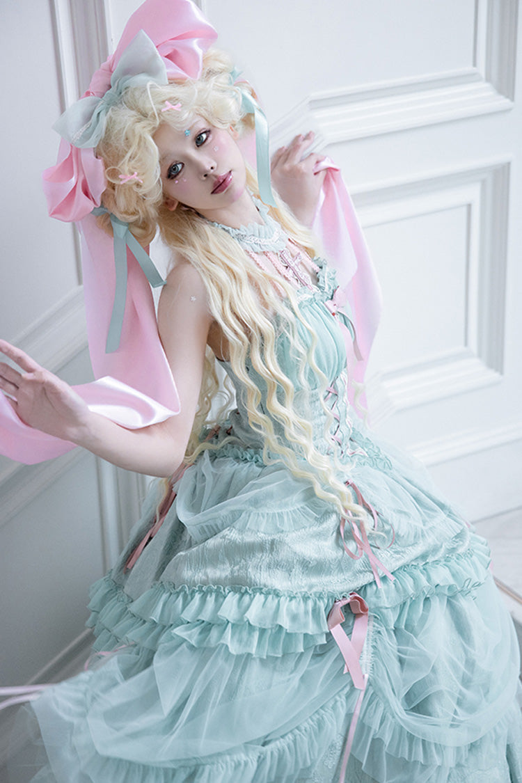 Green Cross Halterneck Lace-Up Sweet Lolita Dress - Ruffled Bowknot Lace