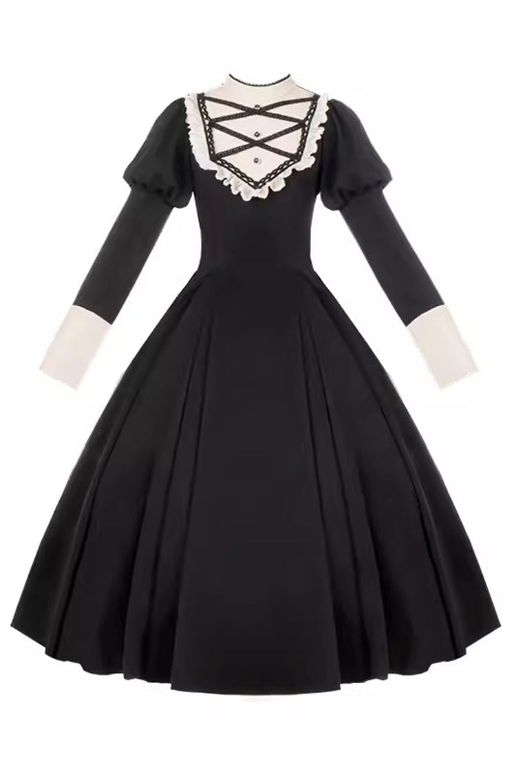 Elegant Lolita Dress with Stand Collar, Ruffles, and Bowknot