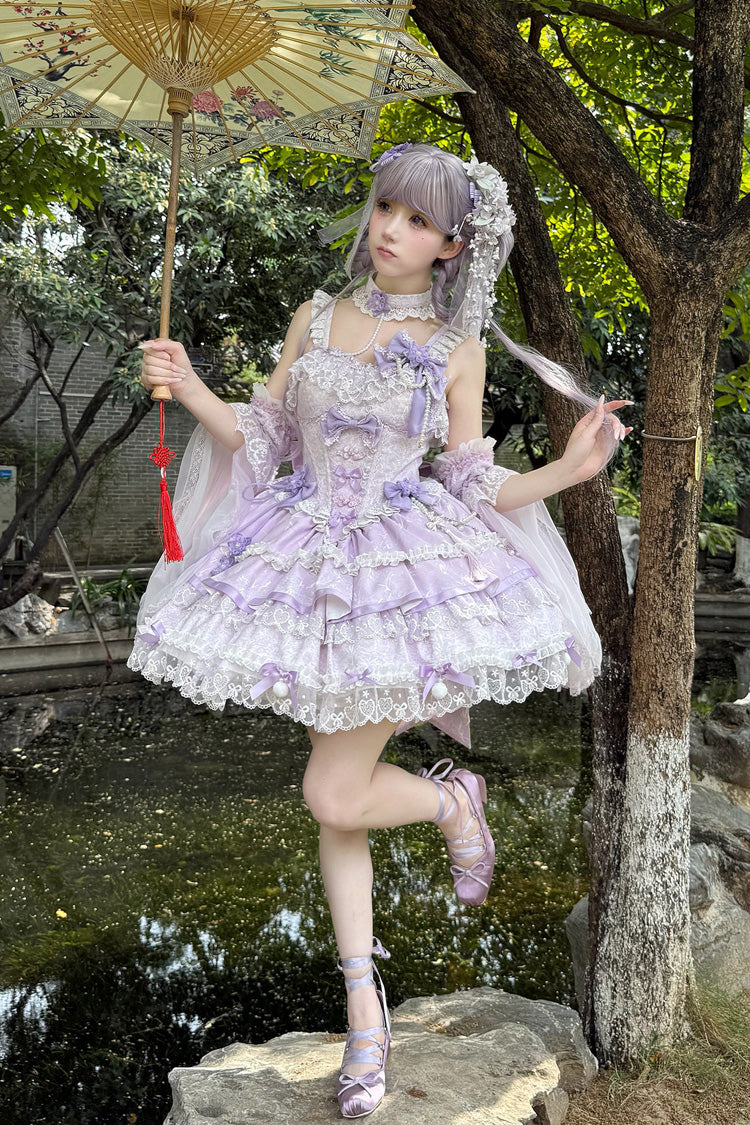Violet Cherry Prelude Square Collar Sleeveless Jacquard Ruffled Bow Pearl Lace JSK