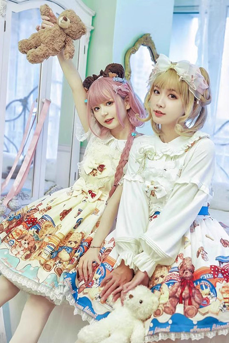 Honey Bear Cafe Printed Bow Lace Sweet Lolita JSK Dress