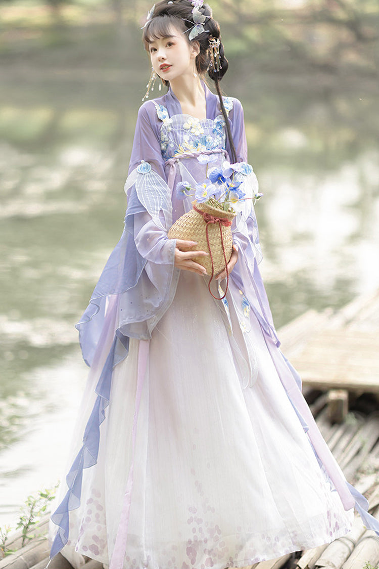 Violet Sea Princess Hime Sleeve High Waist Embroidered Hanfu Set