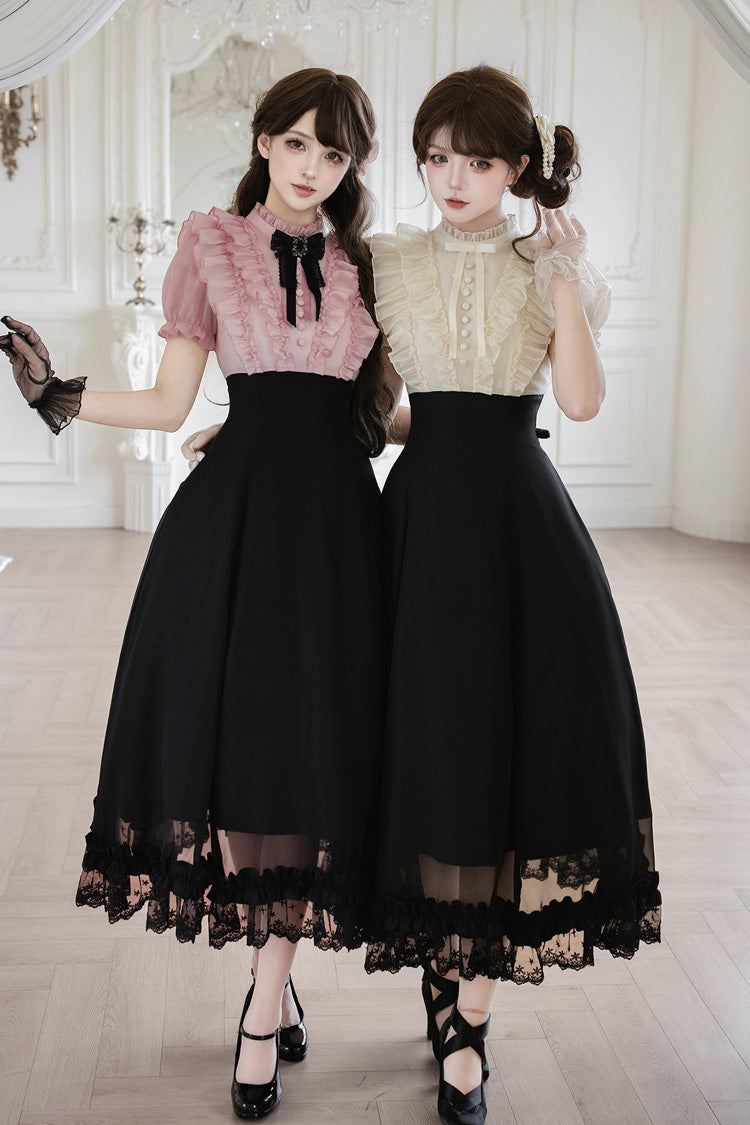 Miss Lola Snow Kiss Stand Collar Short Puff Sleeves Ruffled Color-Blocked Faux Two-Piece Sweet Lolita Long Dress 3 Colors - Black