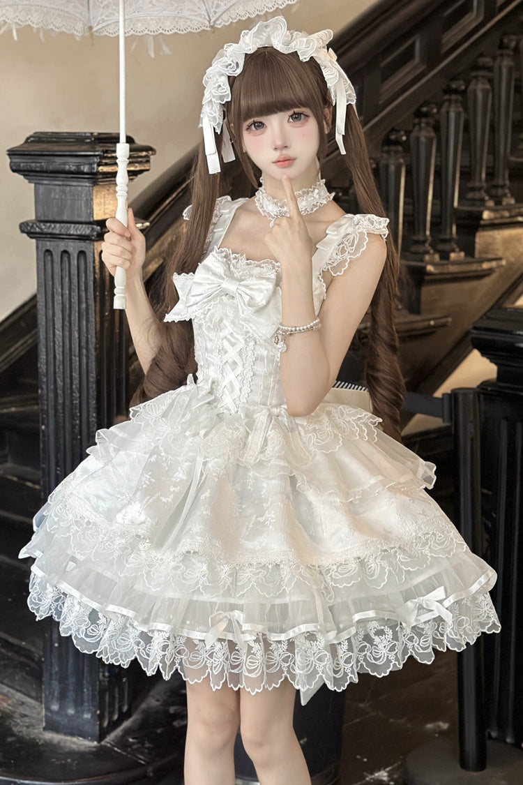 Ivory Sleeveless Ruffle Bow Lace Slim Sweet Ballet JSK