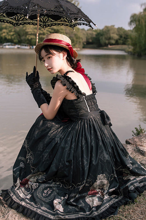 Strapless Gothic Lolita JSK with Rose Print and Bowknot Ruffles
