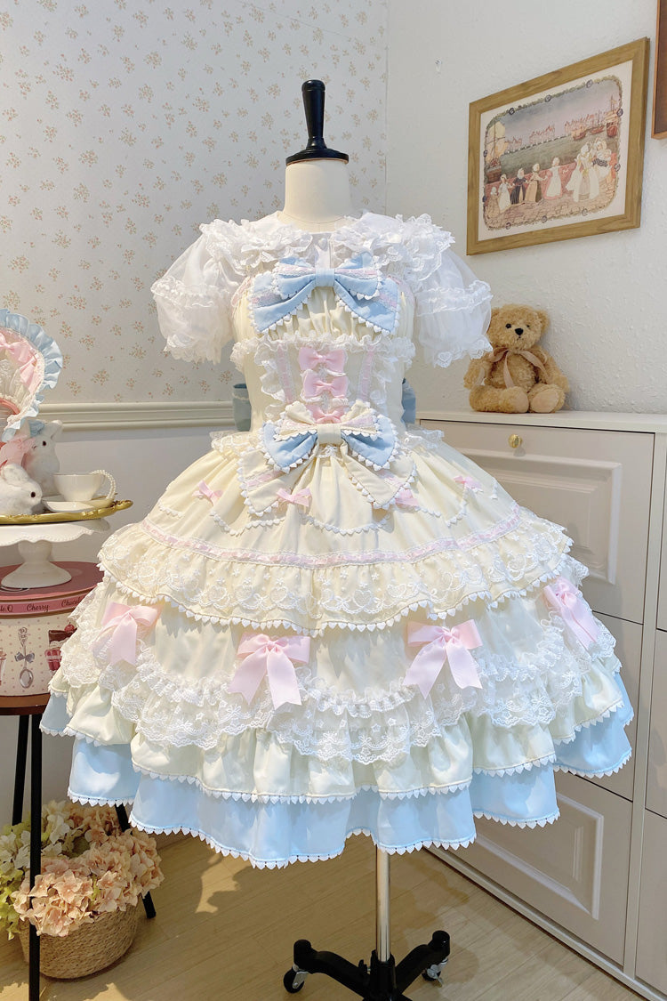 Yellow Blue Fondant Cake Sleeveless Layered Ruffle Bow Lace Sweet Jsk Dress