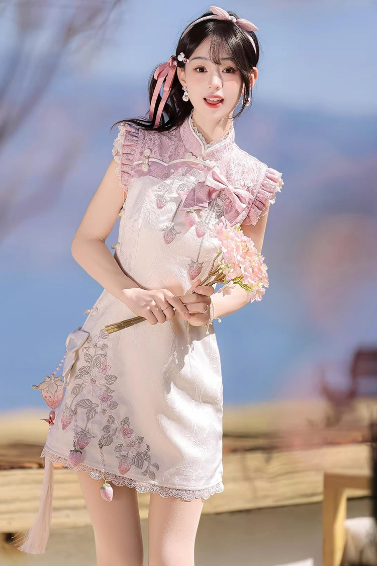 Ivory and Pink Spring Strawberry Stand Collar Ruffled Embroidered Lace Color-Blocked Chinese Sweet Lolita Cheongsam