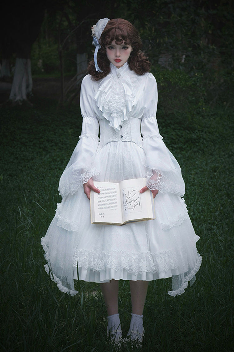 Ivory Stand Collar Long Sleeve Gothic Dress with Lace - Requiem