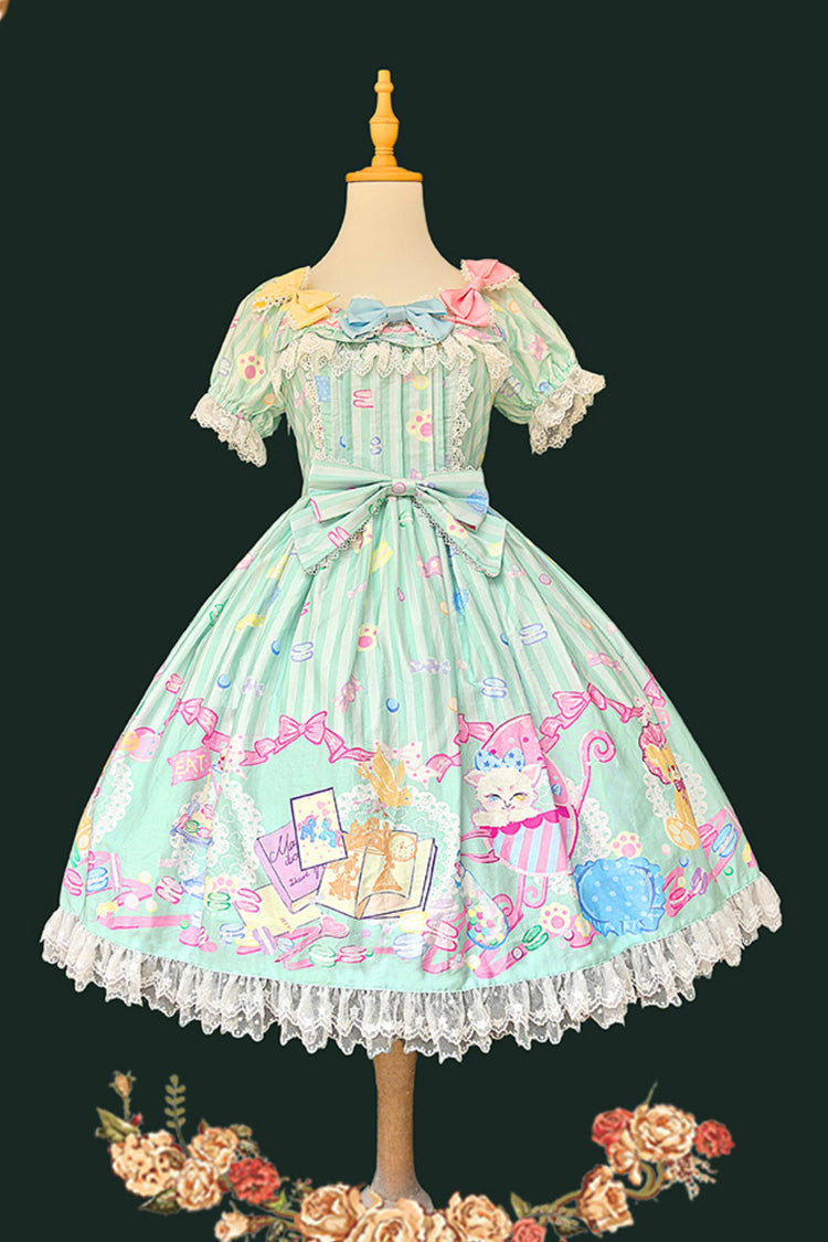 Green Square Collar Lantern Sleeve Sweet Lolita Dress with Bow Print - Macarons Dolly House