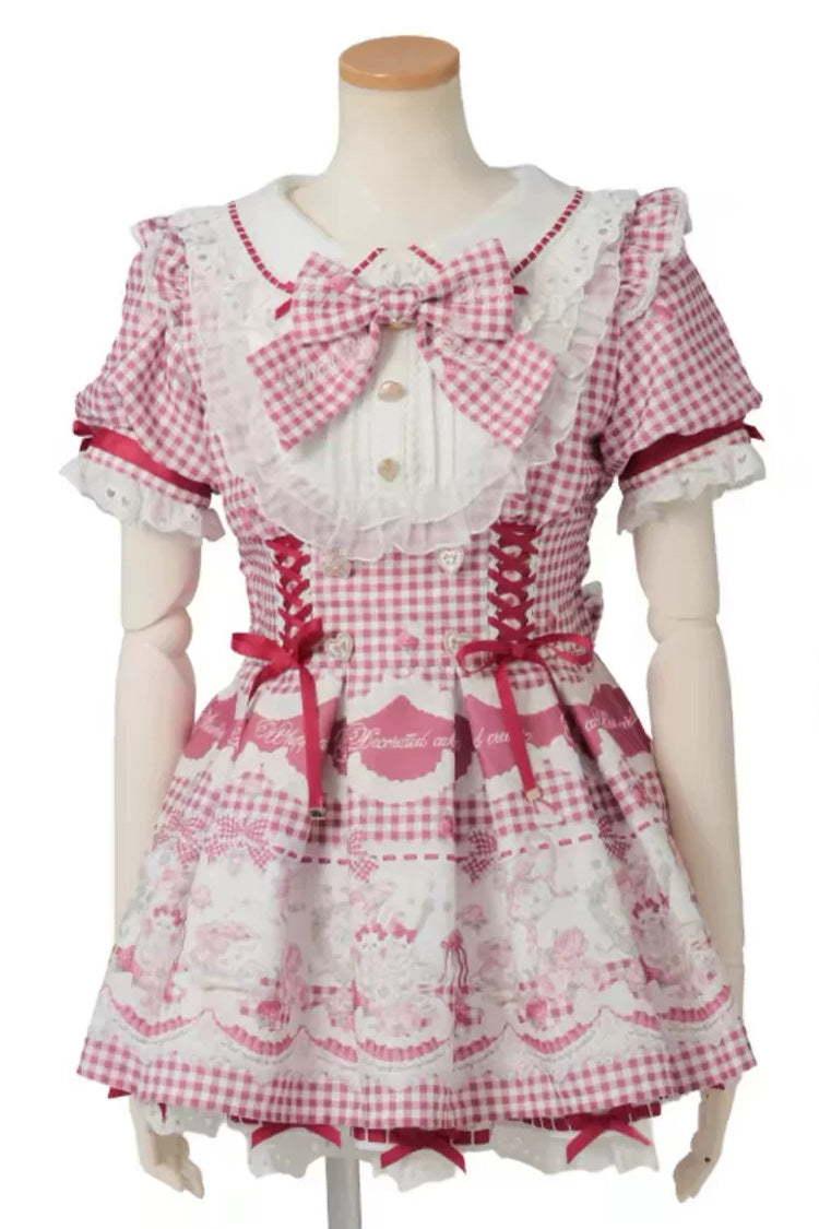 Lapel Collar Short Sleeve Printed Bow Jirai Kei Dress