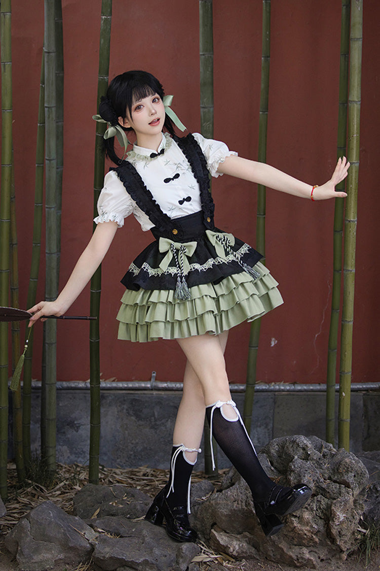 Bamboo Leaves Print Ruffle Bowknot Chinese Lolita Skirt Set