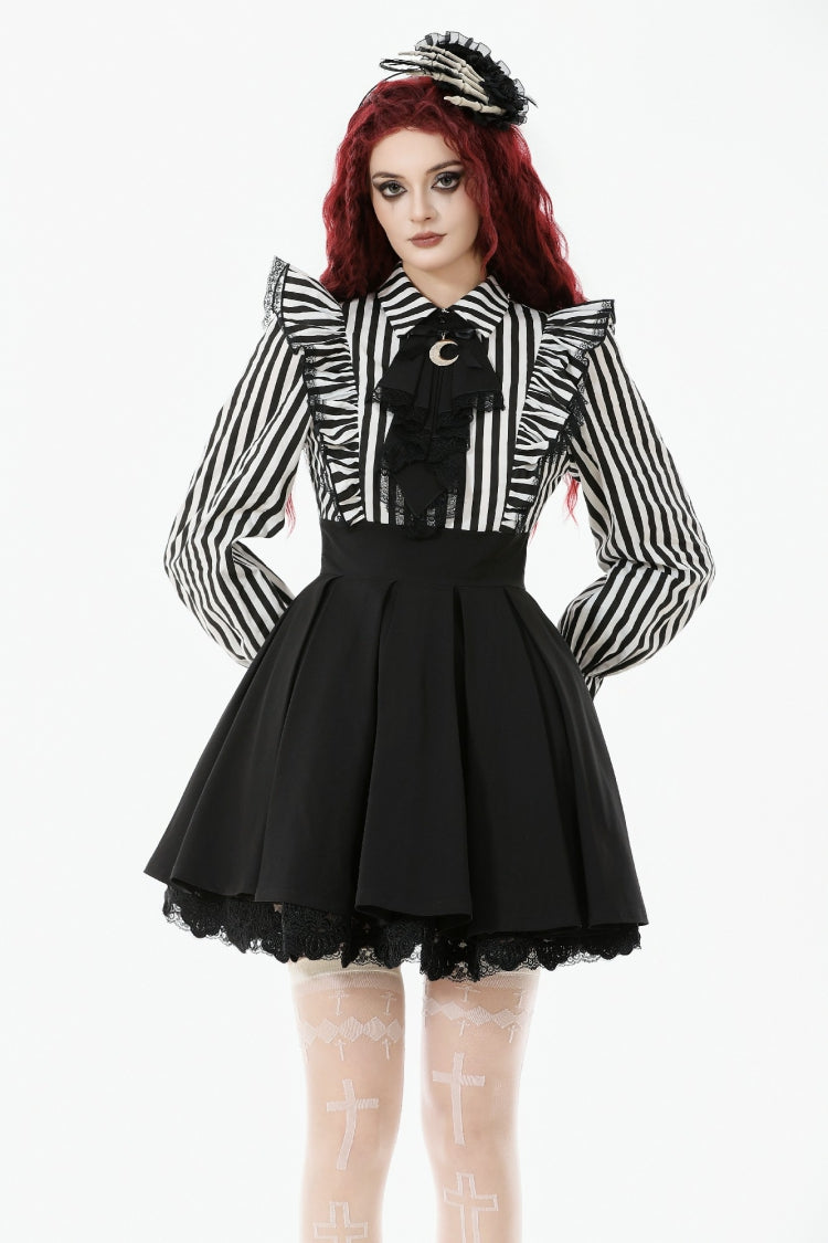 Striped Lapel Collar Long Sleeves Moon Lace Bow Ruffled Pleated Gothic Dress