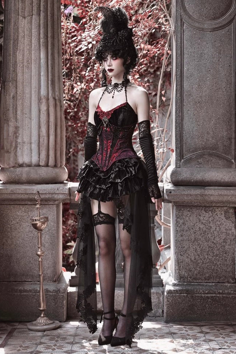 Crimson & Black Rococo Boned Bustle with Ruffled Layers