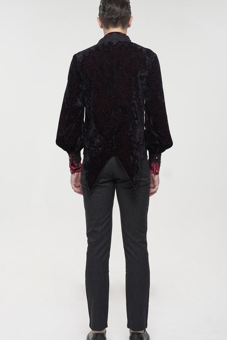 Crimson & Noir Velvet Stand Collar Ruffle Lantern Sleeve Gothic Shirt for Men