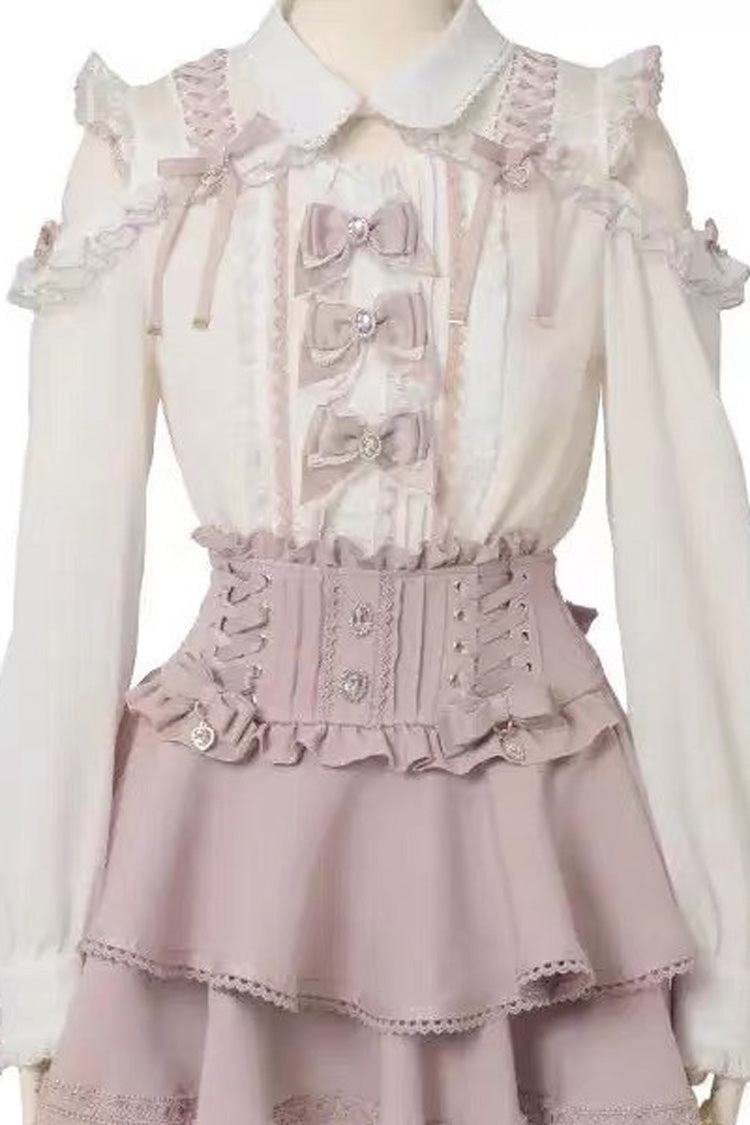 Lapel Off-Shoulder Bow Blouse - Spliced Lace