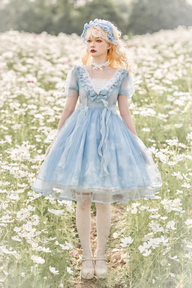 Blue Planet Butterfly Printed Ruffled Sweet Lolita Dress - High-Waisted