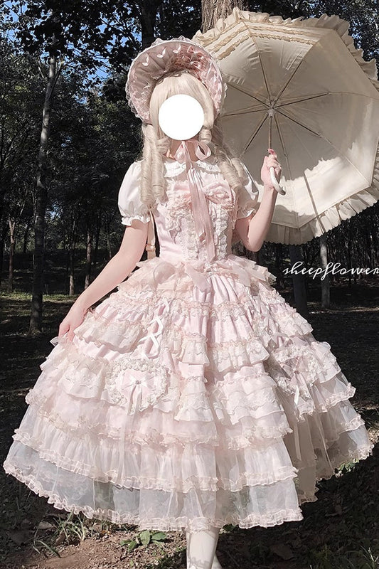 Pink Multi-Layered Ruffled Hanayome Embroidered Bow Lace Sweet JSK - Sweetheart Diary