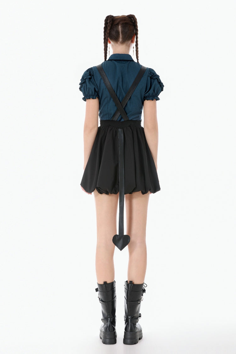Bat Wing Buckled Gothic Suspender Dress Graduation Dress with Tail