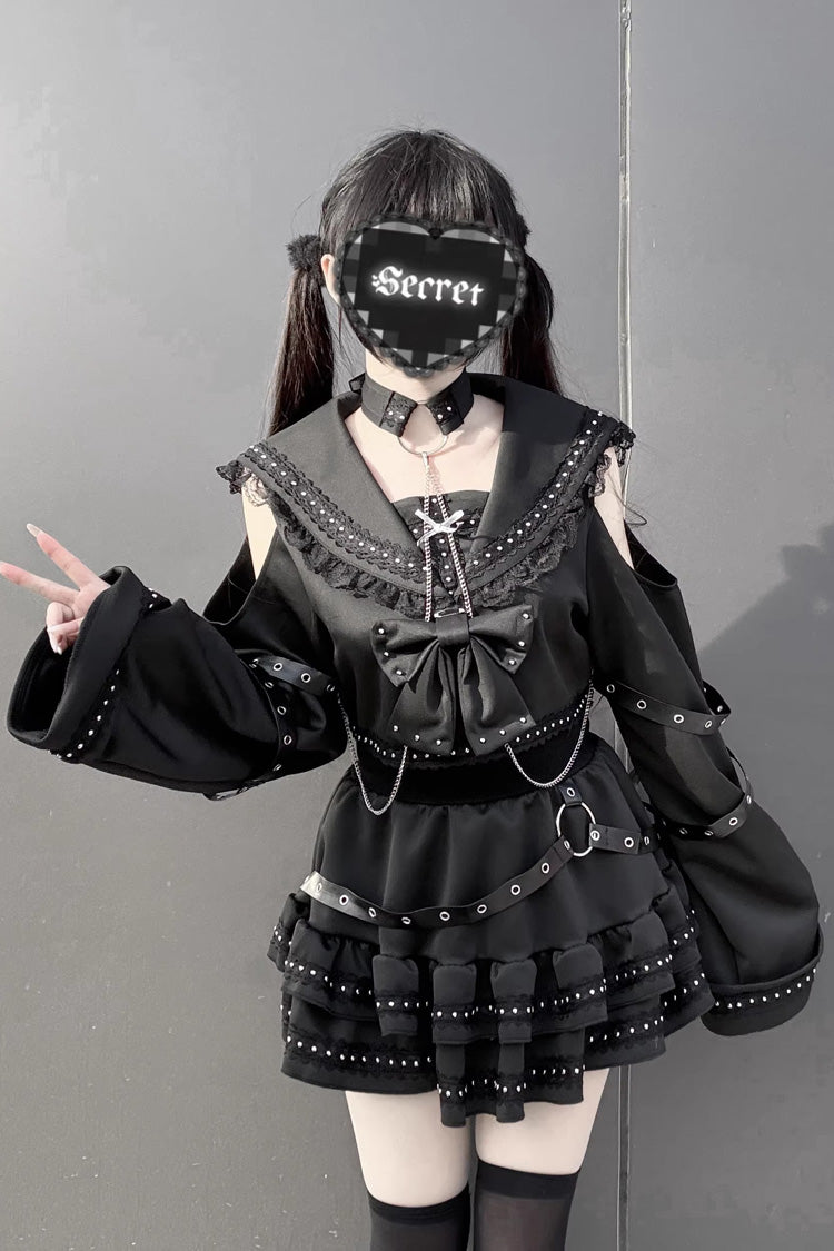 Black Gothic Studded Ruffle Bow Navy-Collar Jirai Kei Top & Skirt