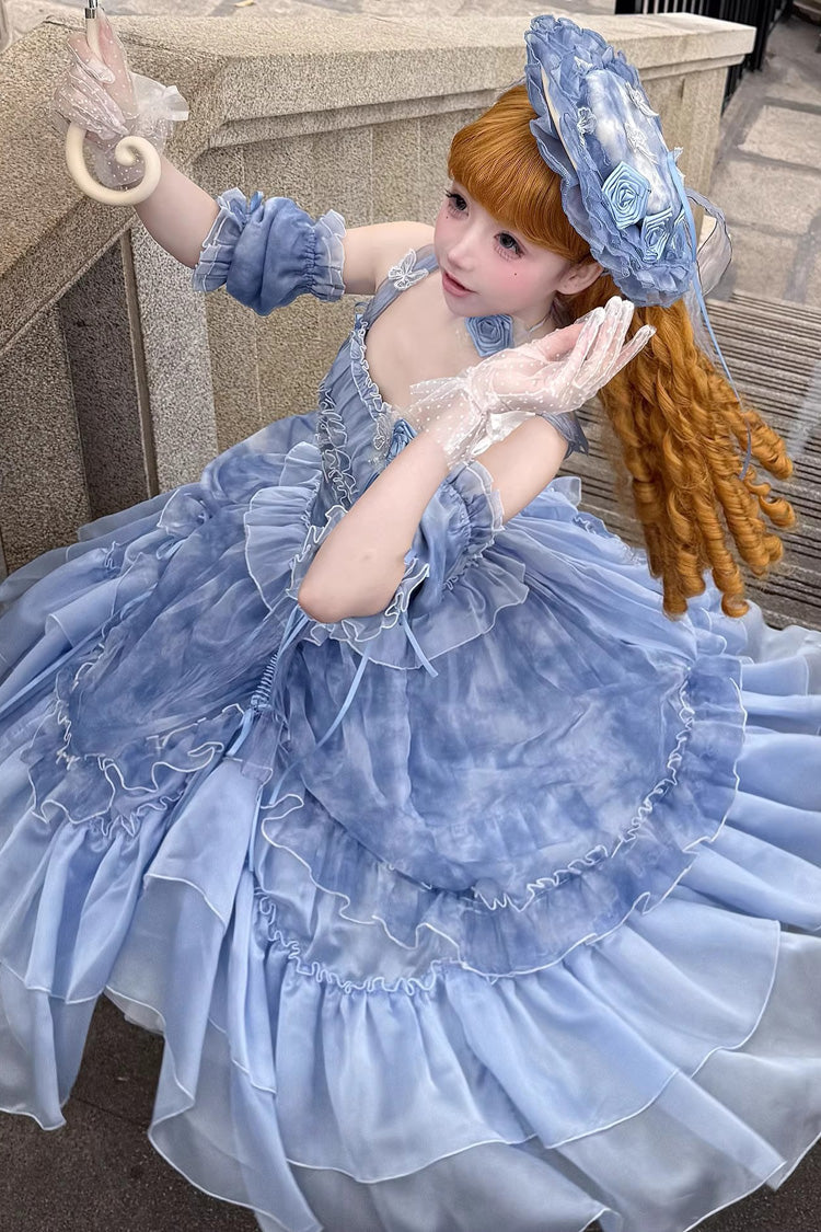 Goodnight Camellia Sleeveless Ombre Multi-Tiered Printed Ruffled Lace Fishbone Sweet Lolita Jumper Dress Three Colors