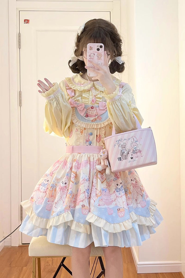 Multicolor Party Bunny Cat Printed Bow Sweet Lolita Jumper Dress