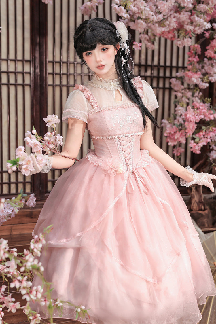 Fragrance Stand Collar Short Sleeves Multi-Layered Printed Ruffled Bow Lace Irregular Chinese Style Sweet Lolita Dress 2 Colors - Green/Pink