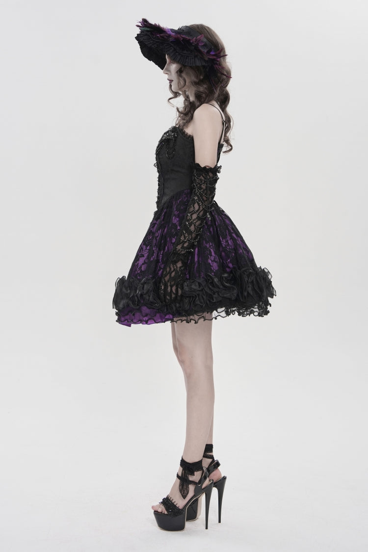 Off Shoulder Double-Layered Printed Cut-Out Lace Lace-Up Gothic Jsk Dress