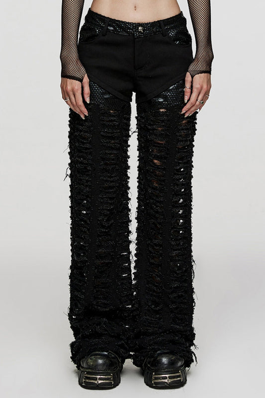 Women's Steampunk Straight Pants with Mesh Rips & Embossed Stitching
