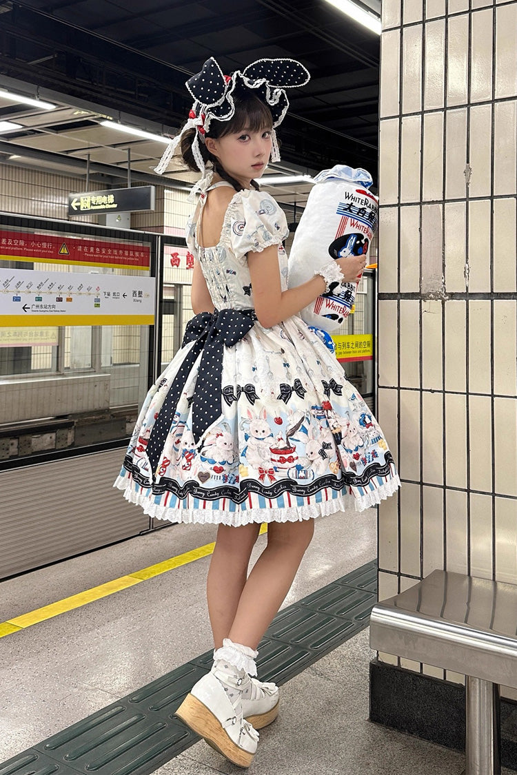 Square Collar Short Sleeve Print Ruffle Sweet Lolita Dress Beige