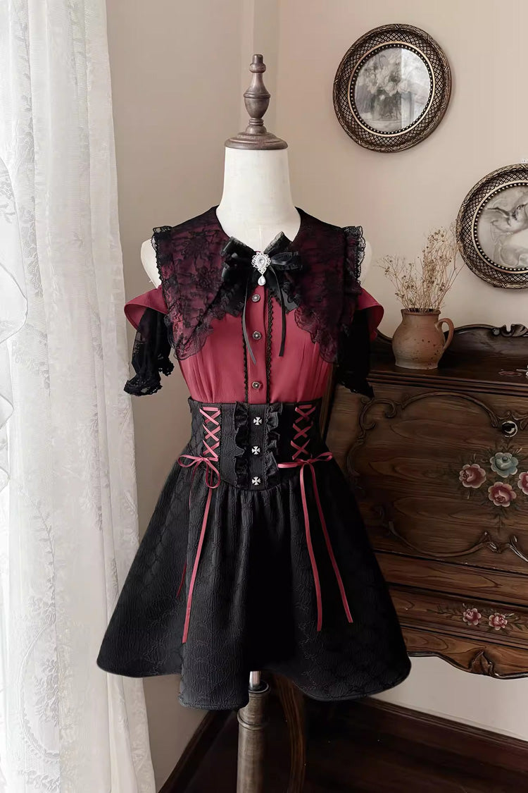 Overture to the Dead Off Shoulder Short Sleeves Ruffle Bowknot Lace-Up Gothic Jirai Kei Skirt Set - Black/Red