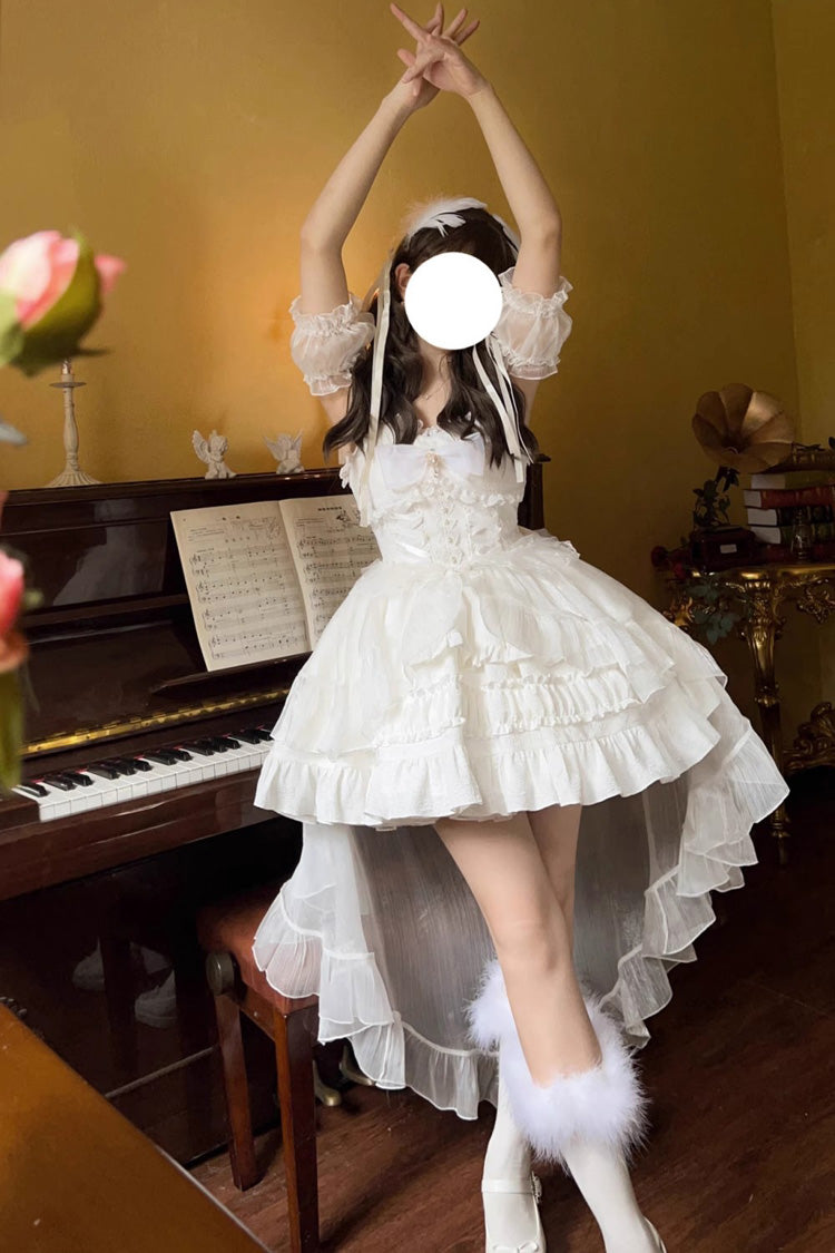 White Sleeveless Bowknot Multi-Layer Ruffle Sweet Lolita Jsk Dress