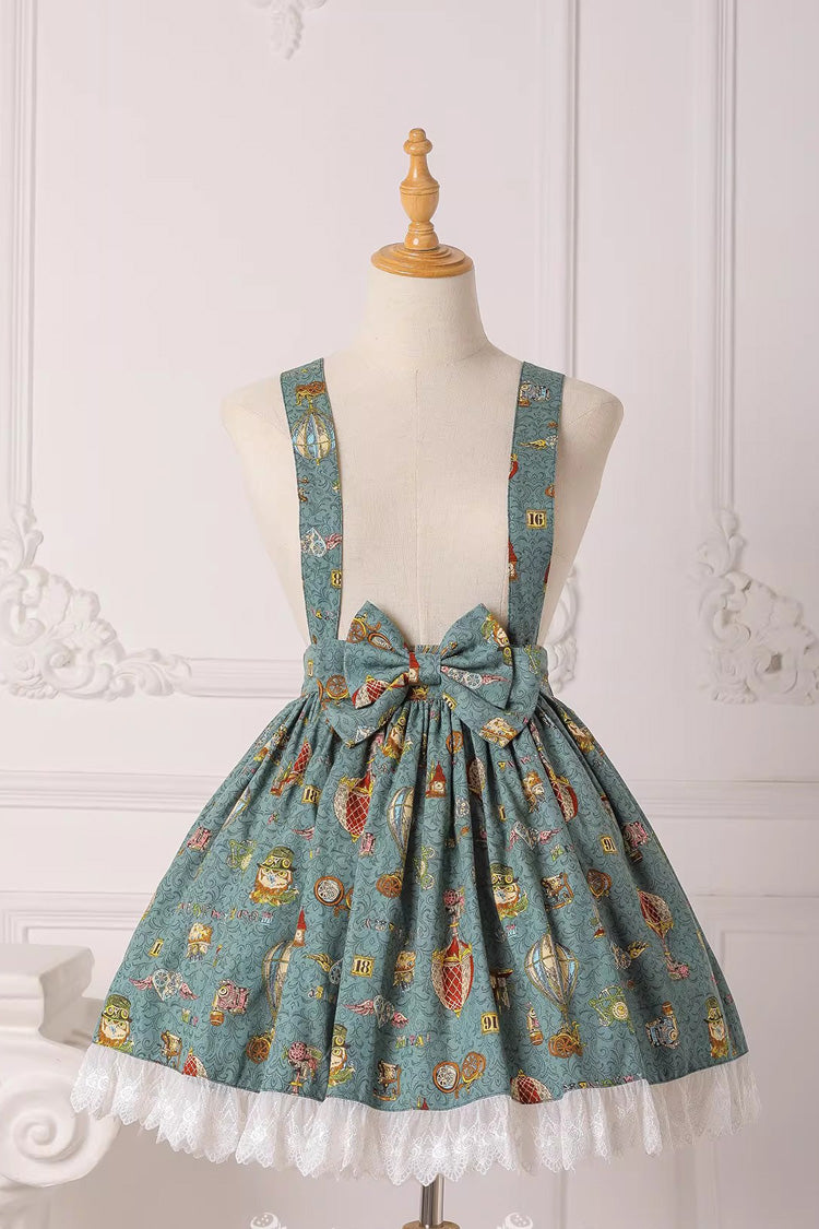 Lolita JSK Dress with Bow and Lace Print - Mechanical Balloon, 2 Tones