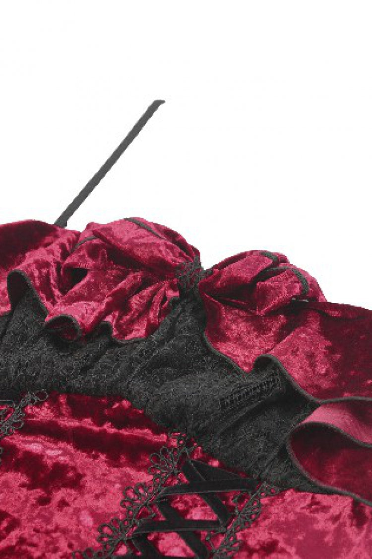Wine Red Corset Lace-Up Velvet Irregular Tail Lolita Gothic Mini Dress
