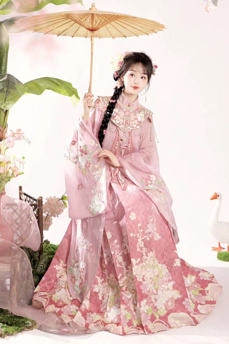 Rose Mandarin Collar Long Sleeve Ming-Style Embroidered Cloud Shoulder Sweet Hanfu Horse-Face Ensemble