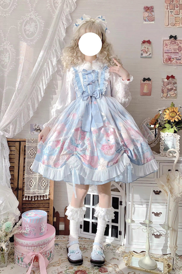 Azure High-Waist Rabbit-Print Sweet JSK with Ruffled Bow
