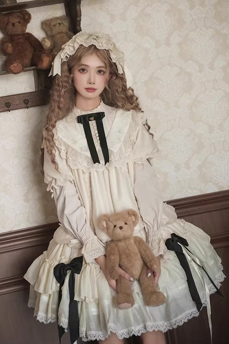 Cream Glass Flower Room Short Sleeve Triple-Layer Rose Embroidery Bow Corset Sweet Lolita Dress Set