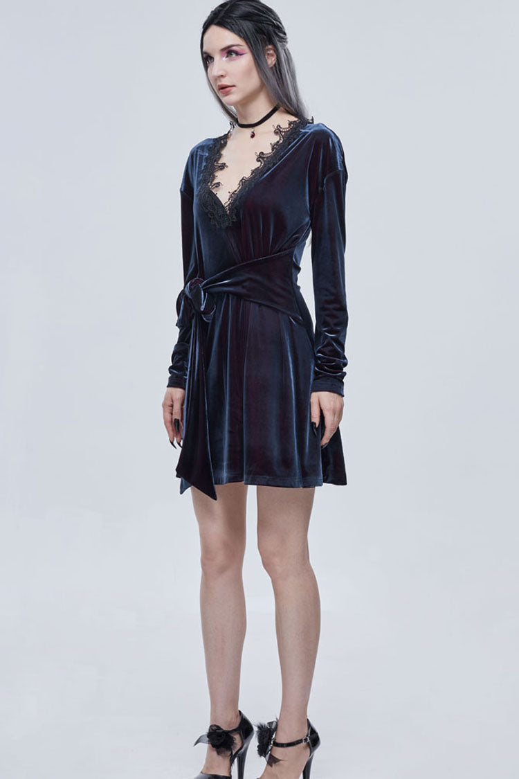 Crimson & Noir Velvet V-Neck Bow Detail Long Sleeve Gothic Dress