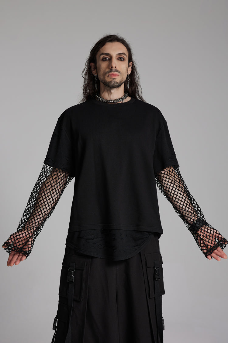 Onyx Crewneck Long-Sleeve Torn Mesh Punk Tee for Men
