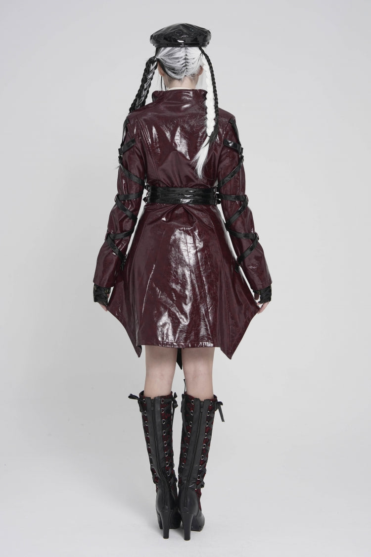 Crimson Lapel Lace-Up Irregular Eyelets Punk Coat